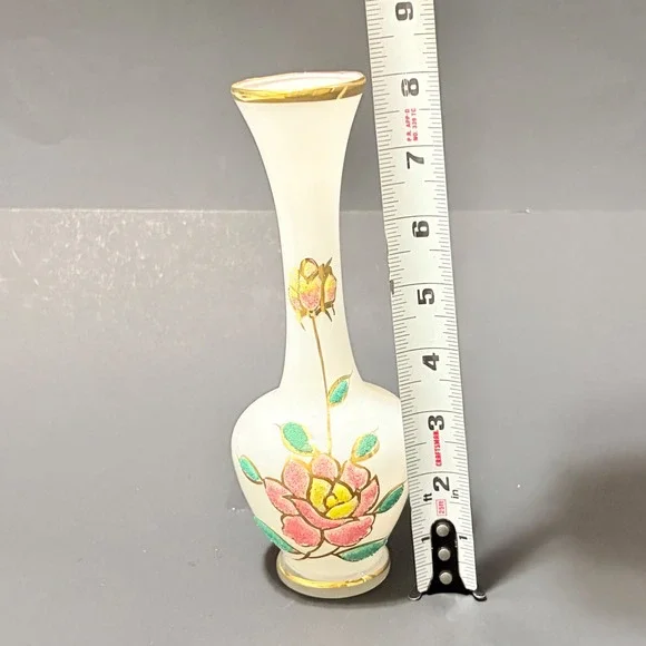 Vtg Satin Frosted Glass 8" Bud Vase Sugar Bead Floral Hand Painted Gold Trim - Picture 11 of 16